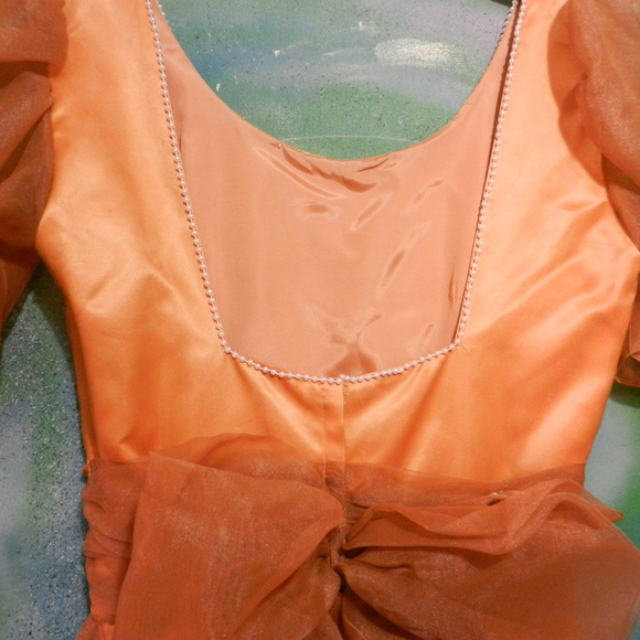 VTG Hand crafted OOAK ballgown metallic golden peach satin lace prom maxi dress - Picture 3 of 7